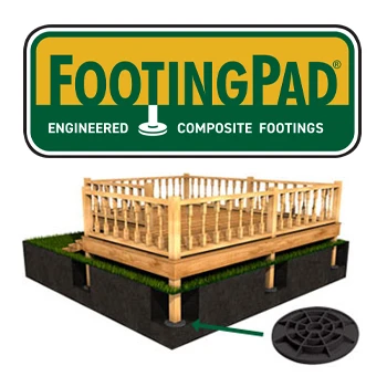 footing pad logo and picture of product under a deck