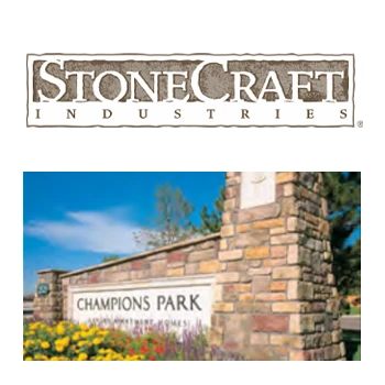 tonecraft industries logo and picture of a stone wall at champions park